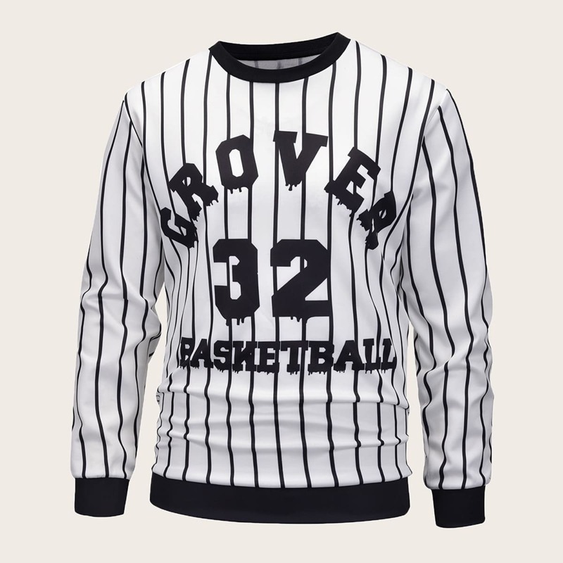 

Guys Crew Neck Striped Letter Print, Black and white