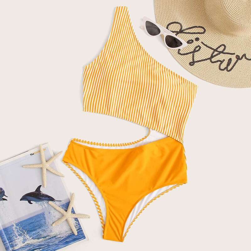 

Striped Cut Out One Shoulder One Piece Swimwear, Yellow