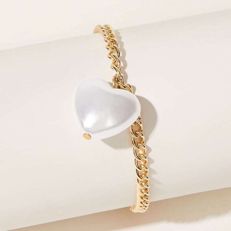 

Faux Pearl Design Heart Decor Chain Bracelet 1pc, Gold