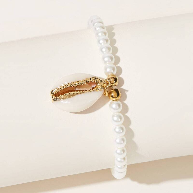 

Shell Charm Faux Pearl Beaded Bracelet 1pc, White