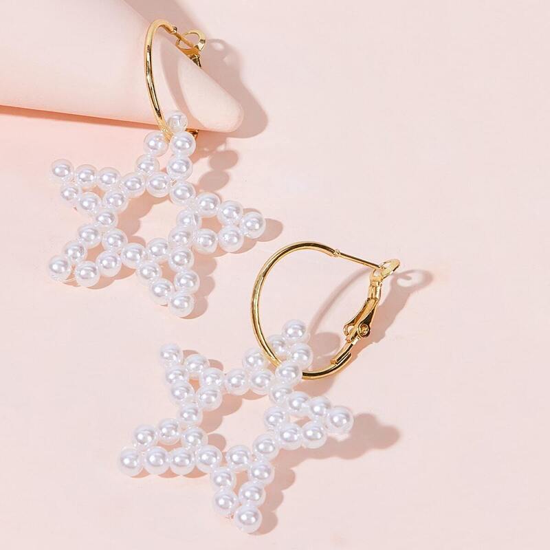 

Round Faux Pearl Design Star Drop Earrings 1pair, White