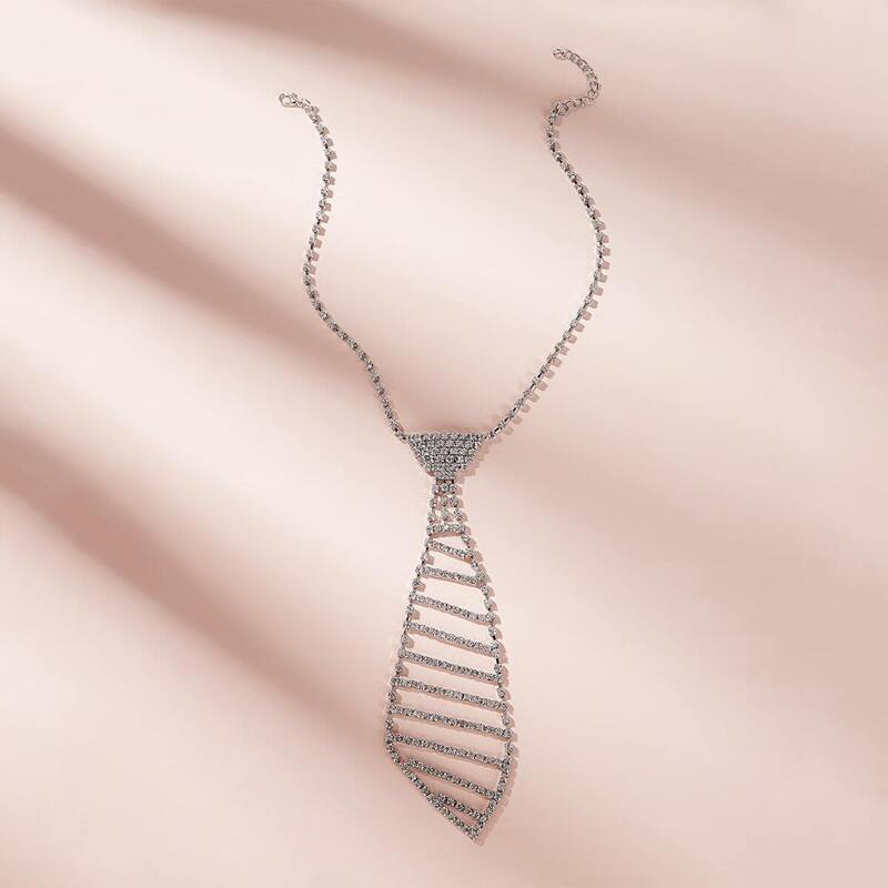 

Rhinestone Engraved Tie Pendant Necklace 1pc, Silver