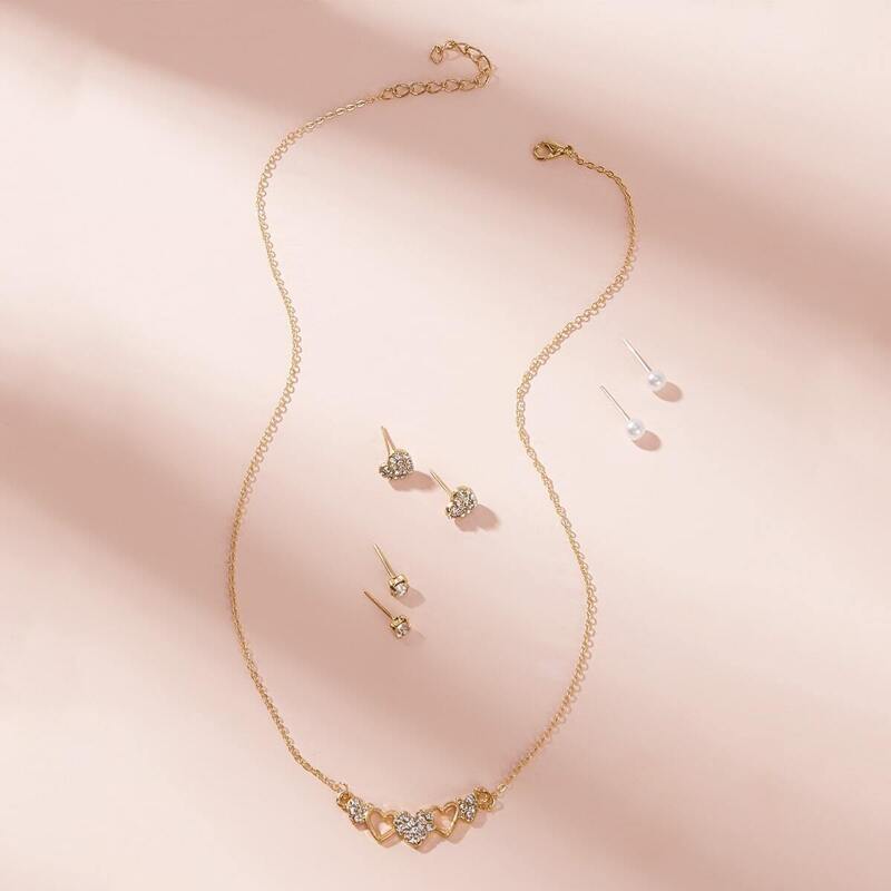 

Rhinestone Engraved Heart Pendant Necklace & Earrings Set 7pcs