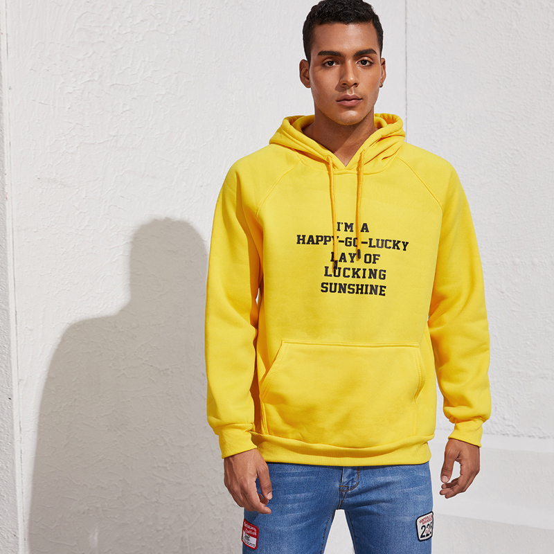 

Guys Slogan Print Drawstring Hoodie, Yellow