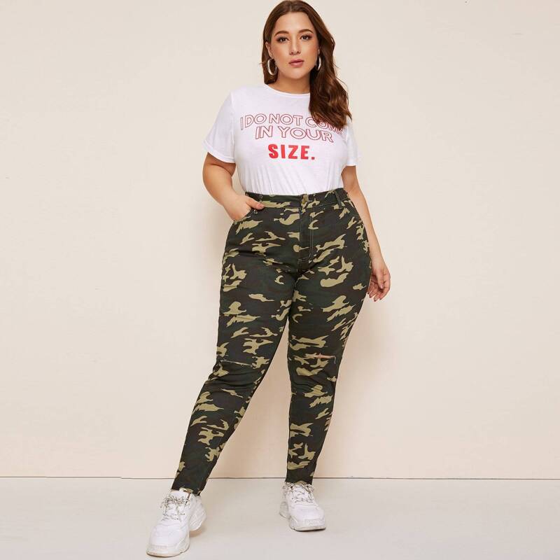

Plus Camo Print Ripped Skinny Jeans, Multicolor