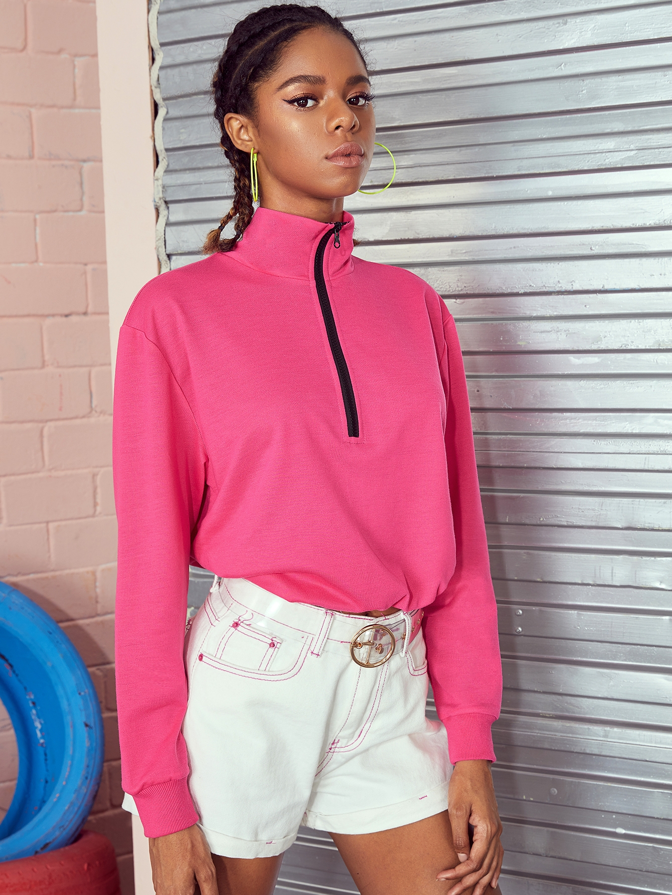 neon pink half zip solid sweatshirt