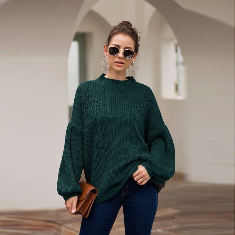 

Drop Shoulder Bishop Sleeve Sweater, Dark green