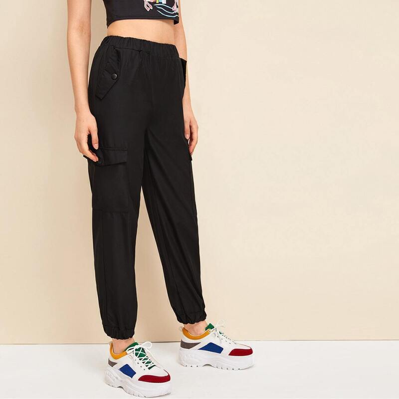 

Solid Pocket Side Pants, Black