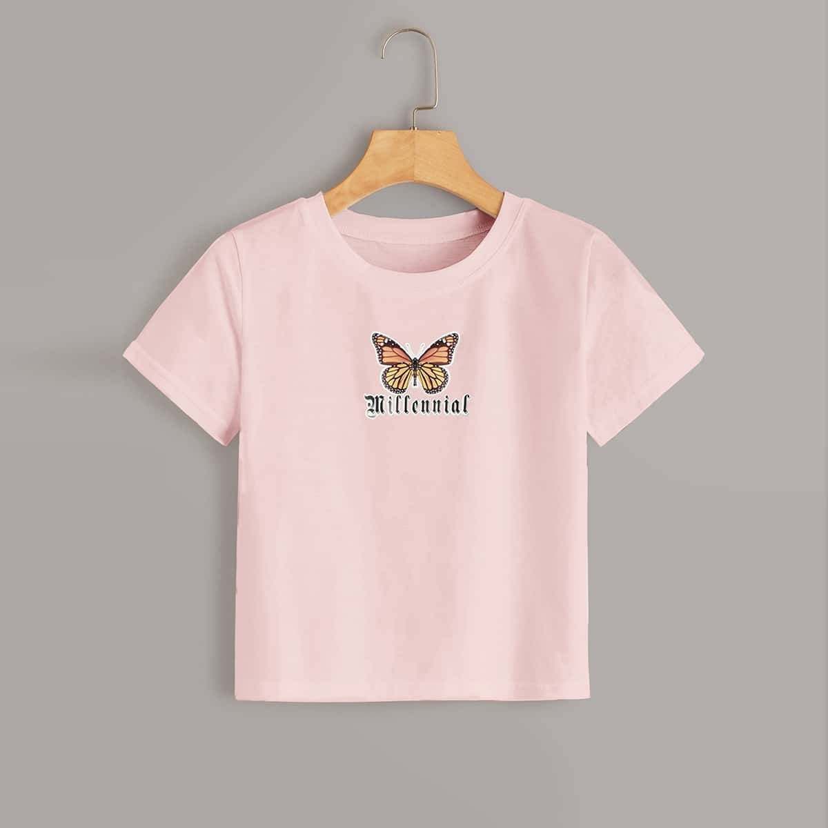 

Butterfly & Letter Print Tee, Pink