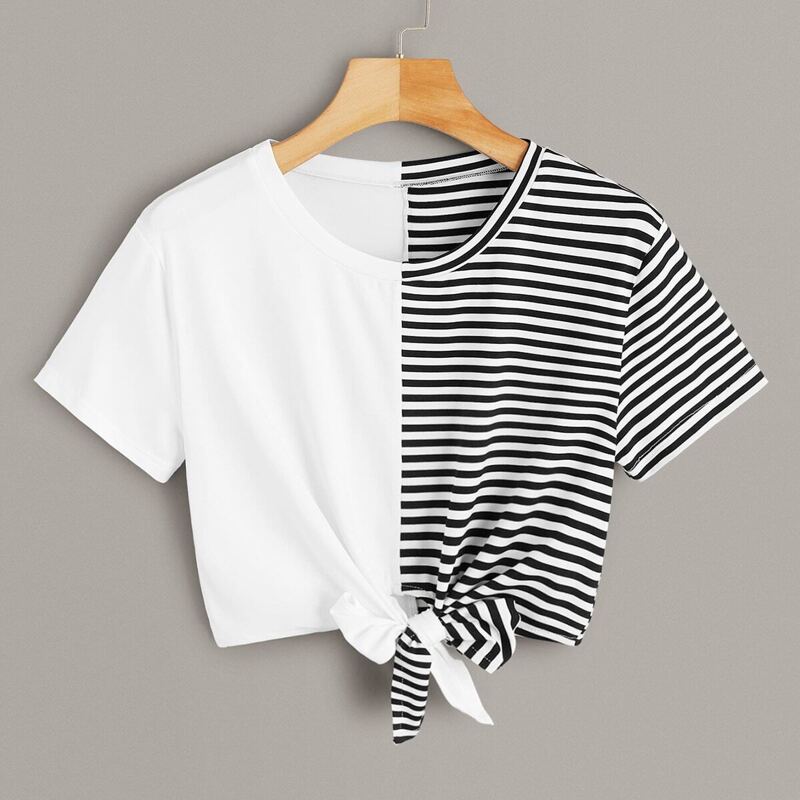 

Knot Front Colorblock Stripe Tee, Black and white