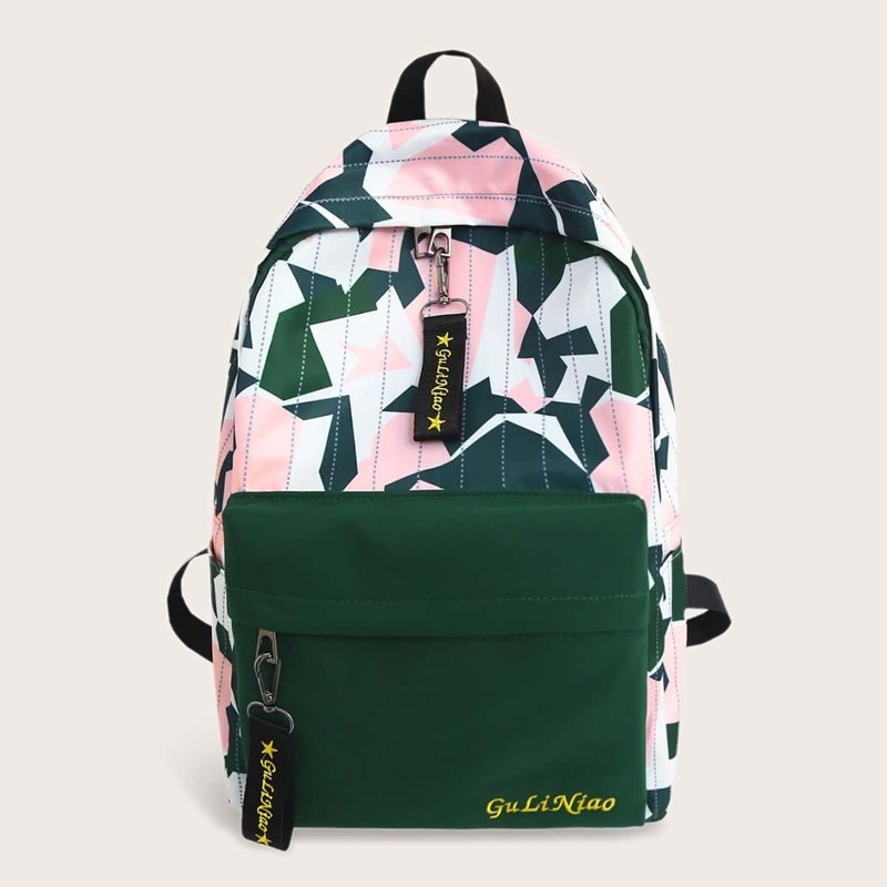 

Geometric Print Pocket Front Backpack, Multicolor
