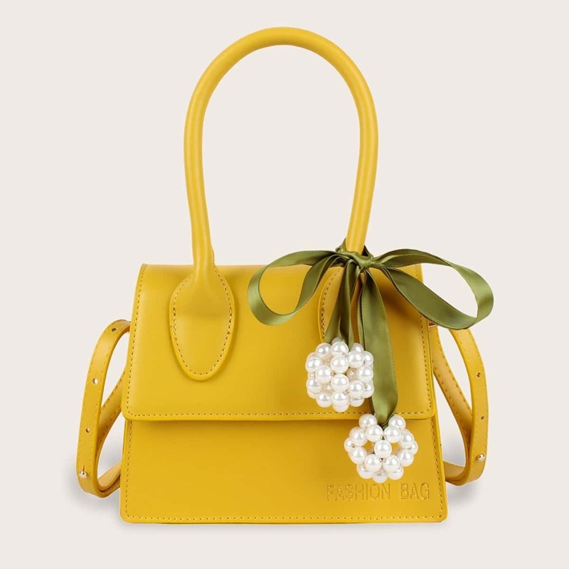 

Faux Pearl Decor Bow Tie Satchel Bag, Yellow