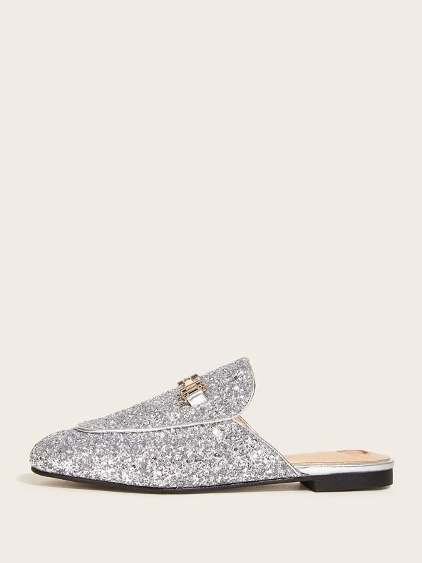 silver flat mules