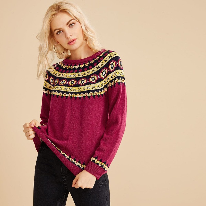 

Tribal Print Round Neck Jumper, Red
