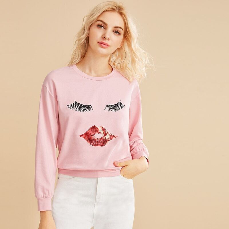 

Eyelash Embroidered Lip Sequin Panel Sweatshirt, Pink