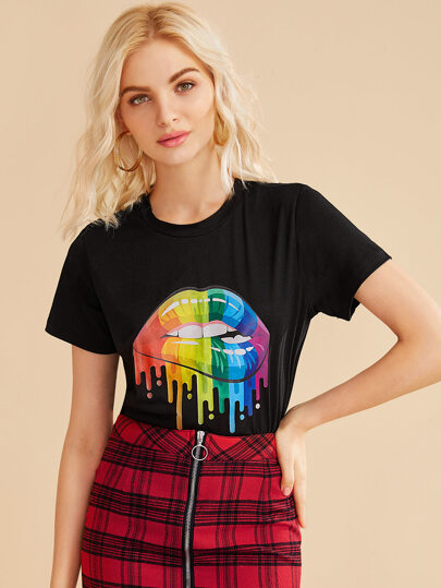 T-shirt avec manches courtes et imprimé lèvre