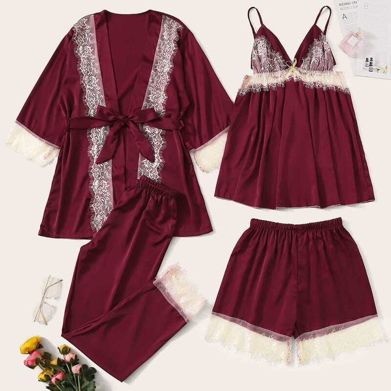 

4pcs Contrast Lace Cami PJ Set With Robe, Burgundy