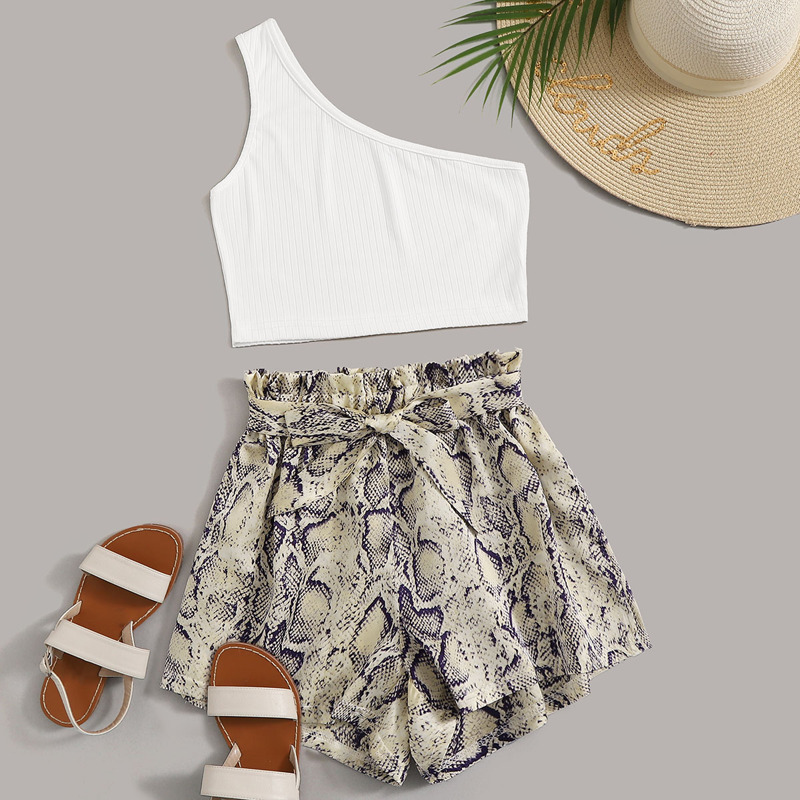 

One Shoulder Top & Snakeskin Print Belted Shorts, Multicolor