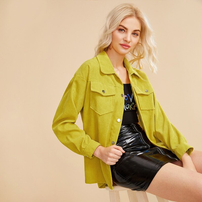 

Single Breasted Pocket Side Corduroy Jacket, Yellow
