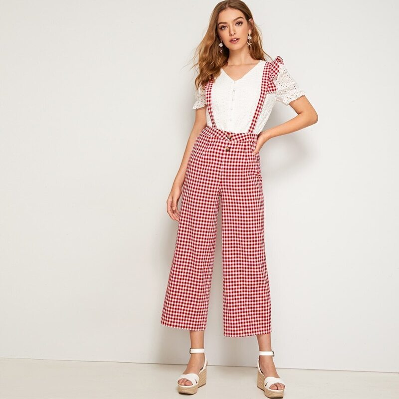 

Ruffle Trim Wide Leg Gingham Pinafore Pants, Red