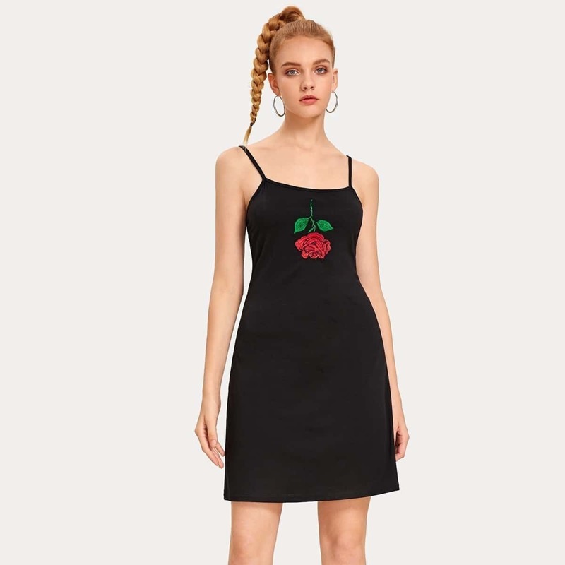 

Rose Embroidery Sheath Cami Dress, Black