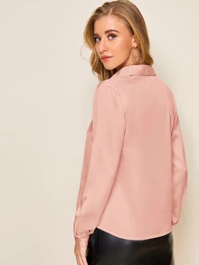 SHEIN Frenchy Solid Button Front Satin Shirt - Coral Pink - View 2