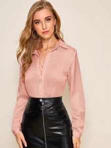 SHEIN Frenchy Solid Button Front Satin Shirt - Coral Pink - View 1