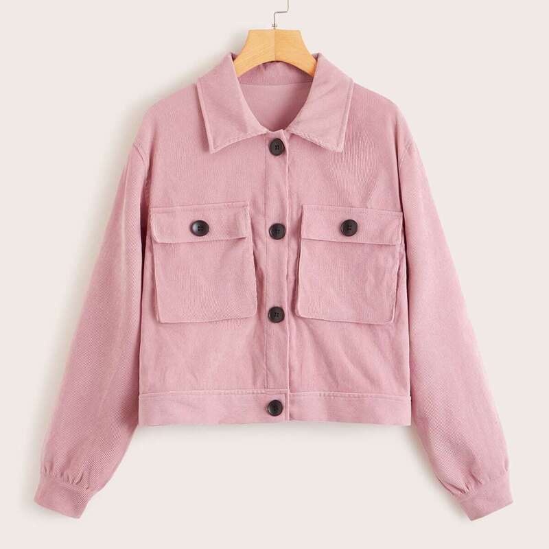

Corduroy Double Pocket Button Front Jacket, Pink