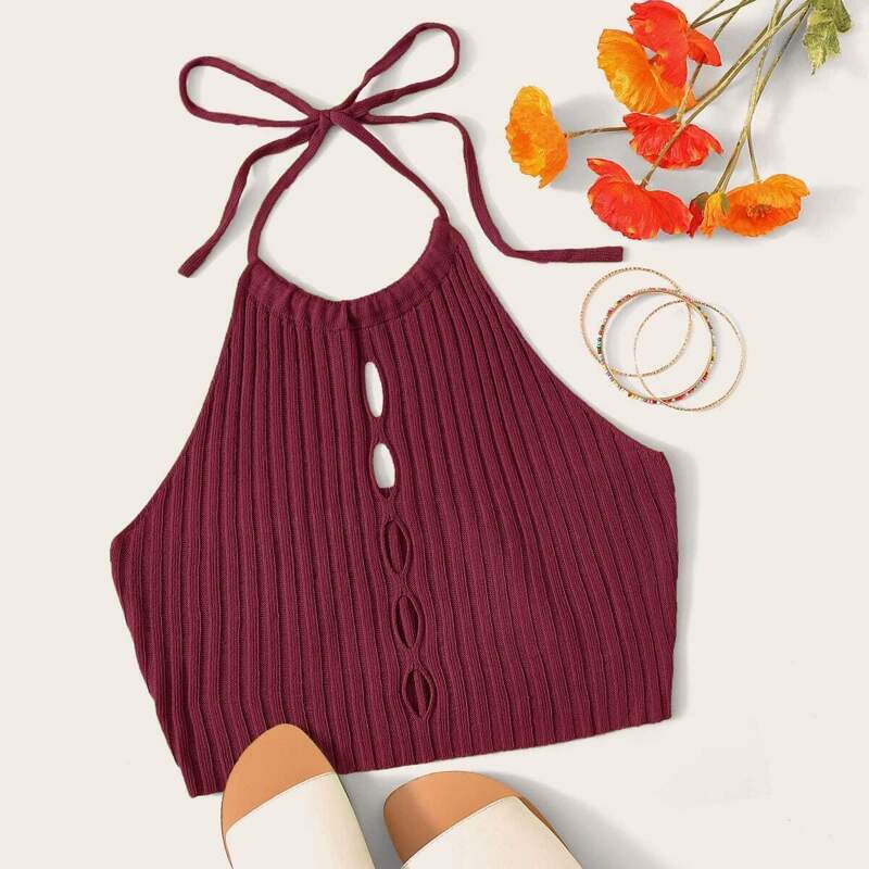 

Cut-out Tie Back Halter Crop Knit Top, Burgundy