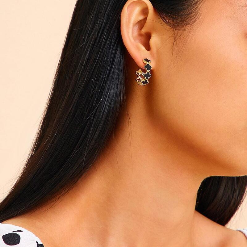 

Clover Design Cuff Hoop Earrings 1pair, Black