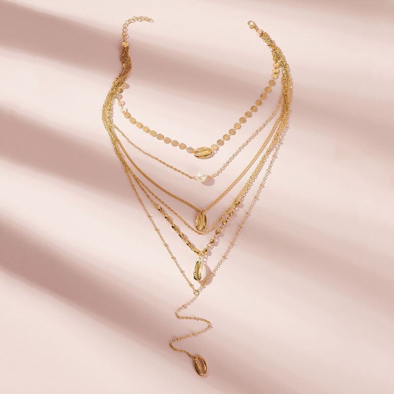 

Shell & Faux Pearl Charm Layered Lariat Necklace 1pc, Gold