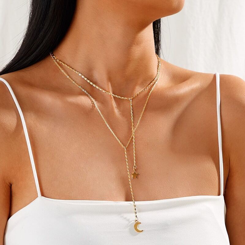 

Star & Moon Charm Layered Lariat Necklace 1pc, Gold