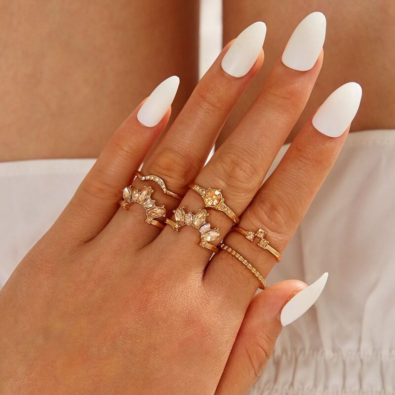 

Rhinestone Engraved Flower Decor Ring 6pcs, Gold