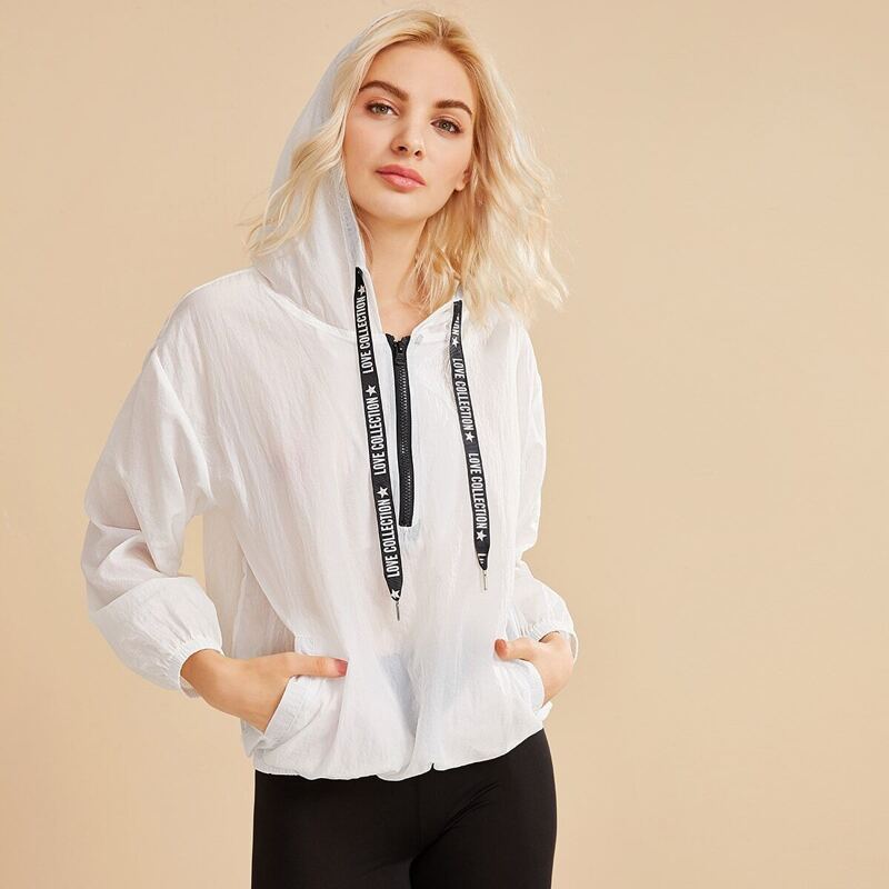 

Half Placket Drawstring Hooded Windbreaker Jacket, White