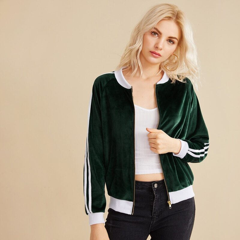 

Velvet Contrast Trim Side Stripe Bomber Jacket, Green