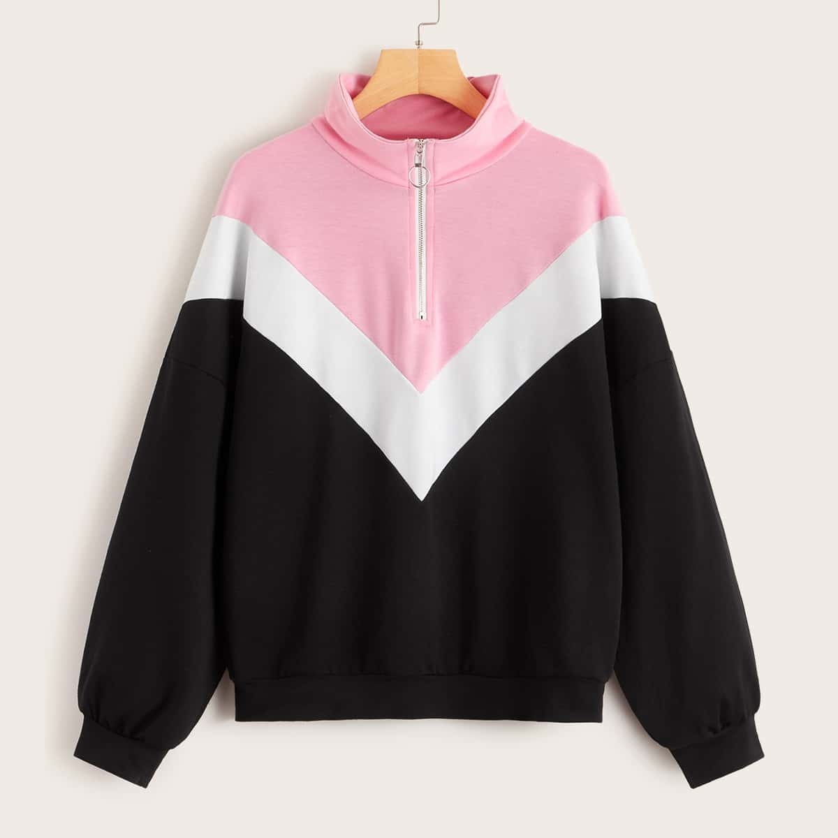 

Cut And Sew Zipper Front Stand Collar Sweatshirt, Multicolor