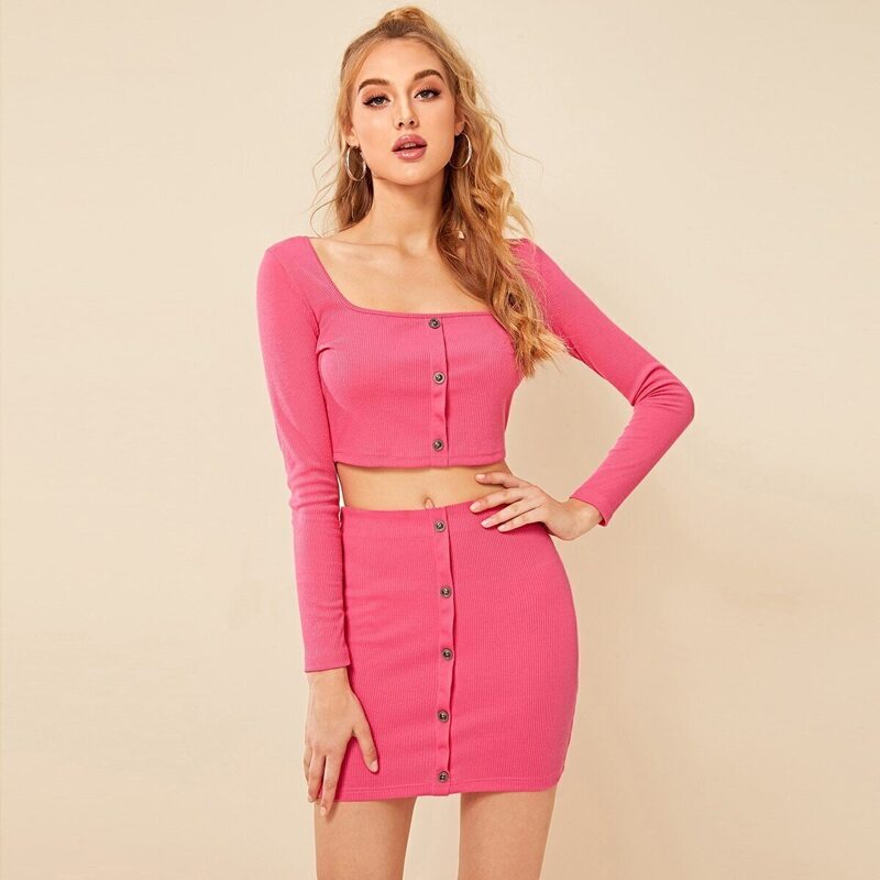 

Solid Square Neck Button Front Knit Top With Skirt, Pink