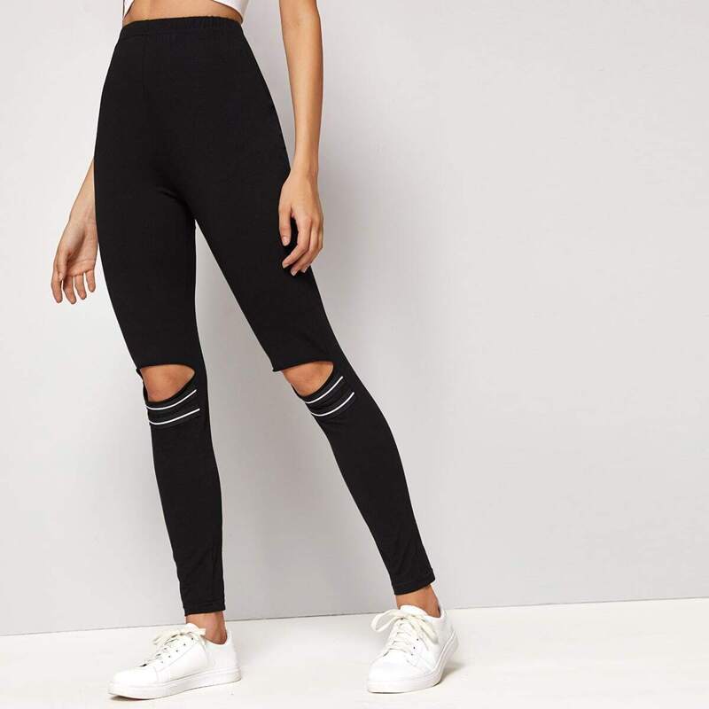 

Knee Rips Ankle Leggings, Black