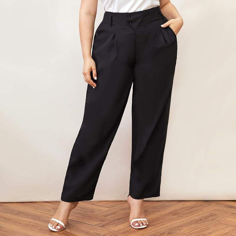 

Plus Solid Straight Leg Pants, Black