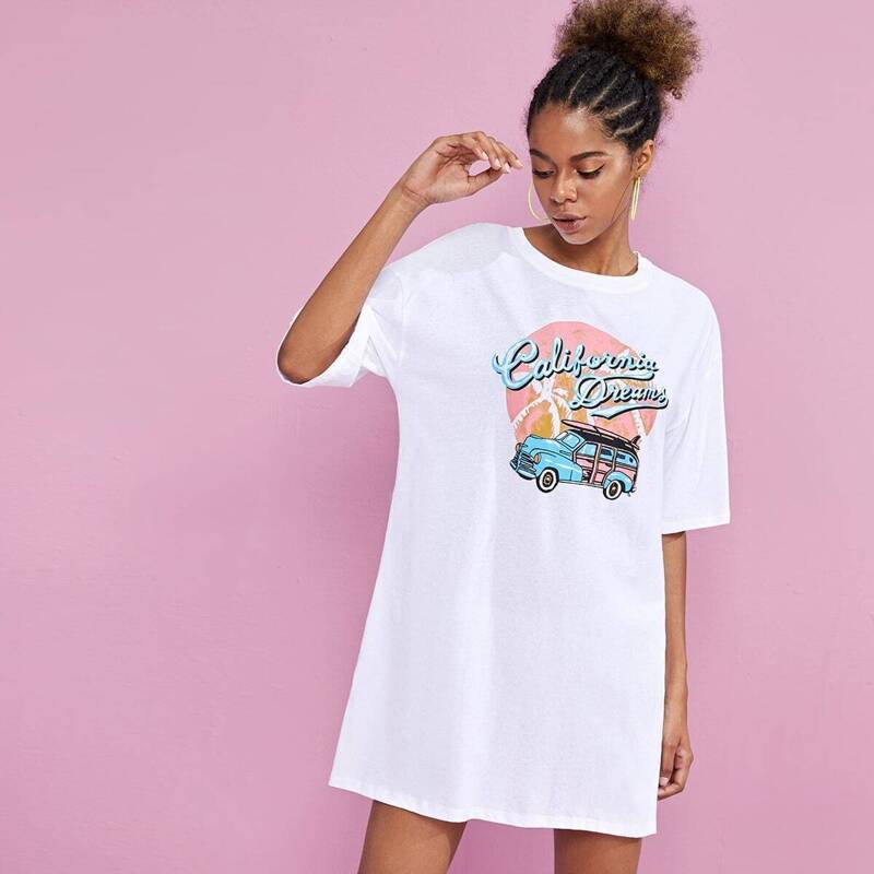 

Letter And Truck Print Tee Dress, White