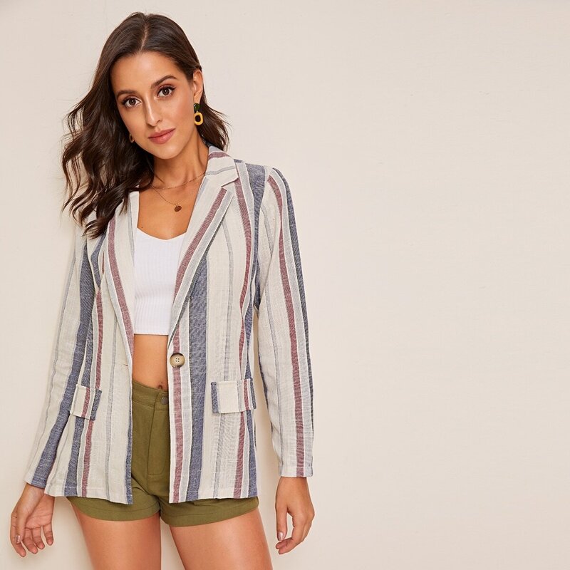 

Notched Collar Flap Detail Striped Blazer, Multicolor