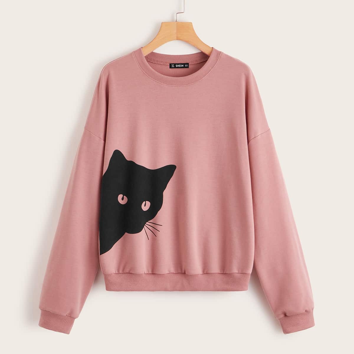 

Cat Graphic Drop Shoulder Pullover, Pink pastel