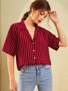 SHEIN Notch Collar Striped Blouse - Burgundy - View 1
