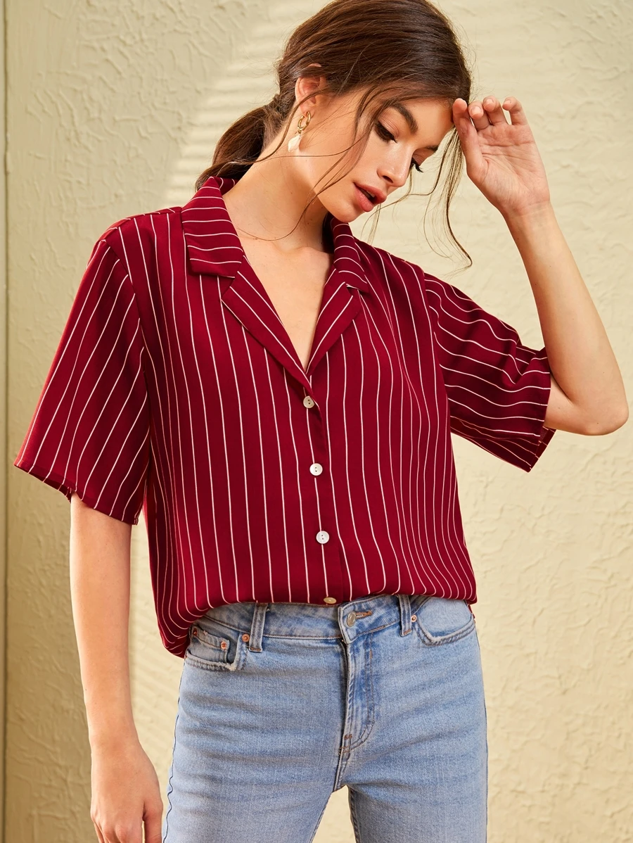 SHEIN Notch Collar Striped Blouse - Burgundy - View 1