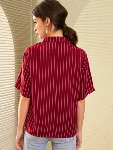 SHEIN Notch Collar Striped Blouse - Burgundy - View 3