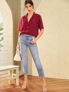 SHEIN Notch Collar Striped Blouse - Burgundy - View 4
