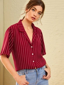 SHEIN Notch Collar Striped Blouse - Burgundy - View 2