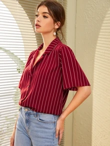 SHEIN Notch Collar Striped Blouse - Burgundy - View 5