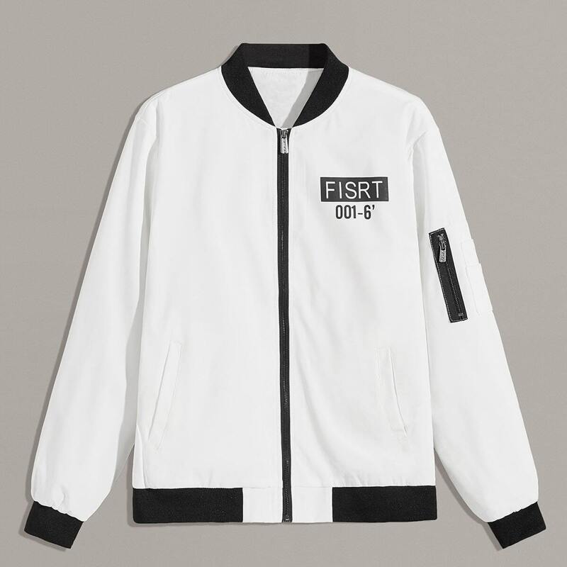 

Men Zip Front Letter Print Jacket, White