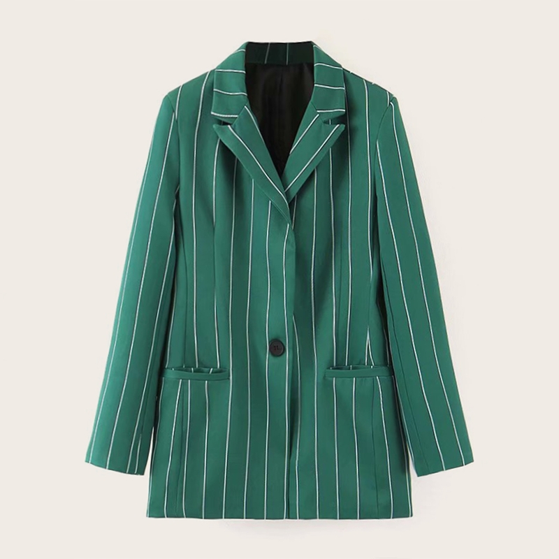 

Notched Striped Button & Pocket Detail Blazer, Green